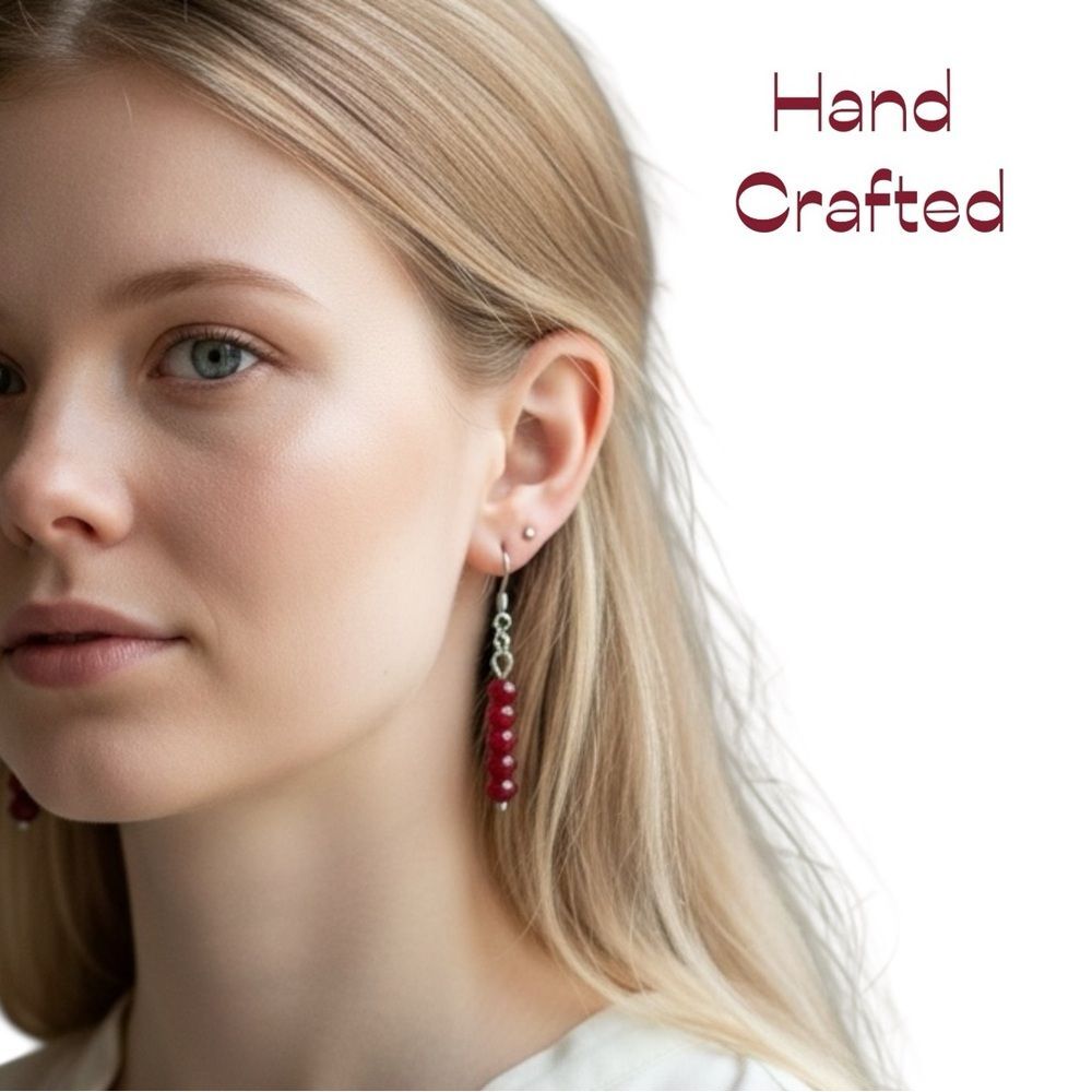 Hand Crafted Red Crystal With Chain Earrings Set NWT